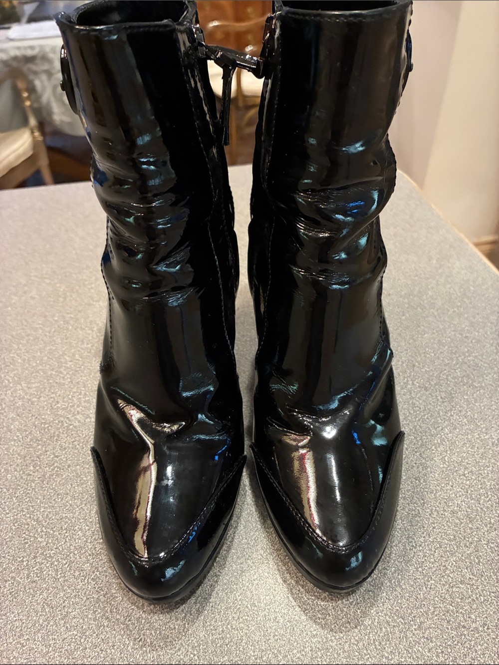 Fendi Black Patent Pointed-Toe Mid-Calf Heeled Boots
